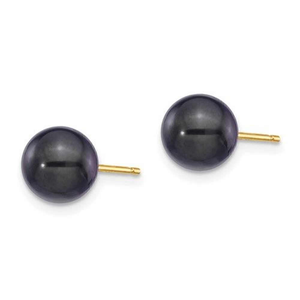 14k 7-8mm Round Black Saltwater Akoya Cultured Pearl Stud Post Earrings